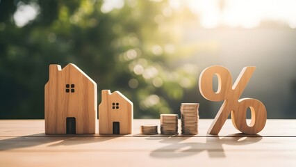 Interest rates and mortgage affordability. Real estate market and loan calculations. Large wooden percentage symbol next to house models and coin stacks on a table outdoors