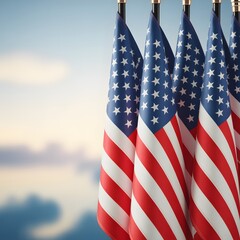 A row of American flags waving in the sky with clouds