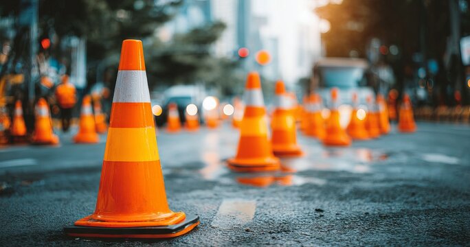 High Detail Photograph of Road Construction Work with Traffic Cones on Urban Street