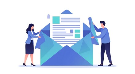 Obraz premium Business professionals collaborating on large email with document inside