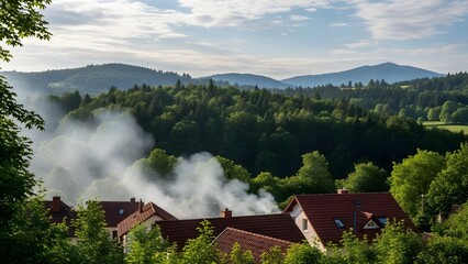Misty morning in a forested village with red rooftops and rolling green hills forested hills