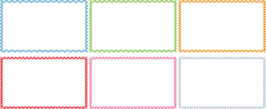 Red sky green oreng pink chai Color squiggle frames set. Zigzag wavy edges, retro frames, psychedelic rectangles, photo frames, mirror border. Vector groovy shapes set of wave borders