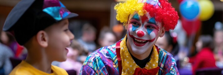 Clown entertaining young boy at colorful party with balloon decor