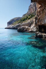 Fototapeta premium Crystal clear waters and rocky cliffs under a bright blue sky