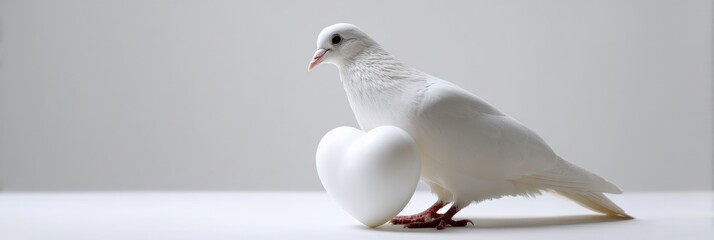 White dove with heart-shaped object on neutral background