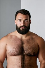 Fototapeta premium Caucasian male adult with full beard and half shaved chest against split background contrast