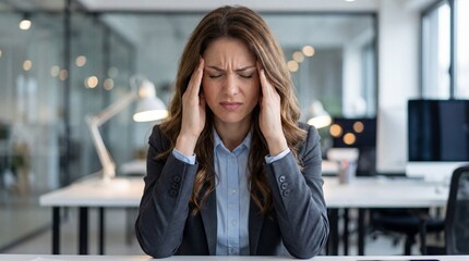 Caucasian woman touching head feeling stress headache migraine due to overload work. Head pain office syndrome concept. Medical health problem at work.