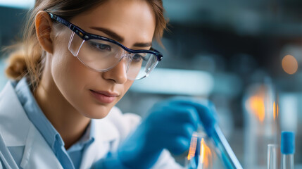 Faceless scientist female with lab glasses and tubes in lab, research professional, scientific work, laboratory investigation, defocused person, with copy space
