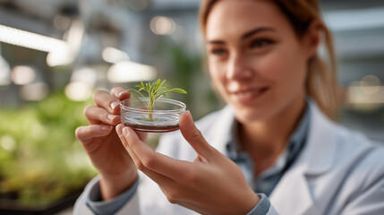 Faceless female scientist holding seedling in petri dish, botanical research, plant cultivation study, agricultural science work, defocused person, with copy space