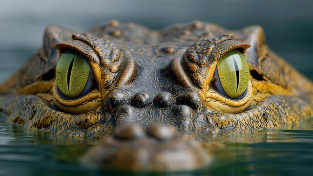 Close-up of a crocodile's eyes emerging from water, showcasing intricate textures and vibrant colors, highlighting the reptile's keen focus and natural habitat in a serene aquatic environment