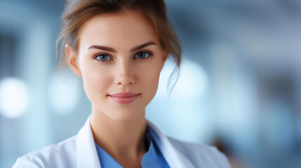 Faceless portrait of young female scientist in lab coat, research professional, scientific worker, medical investigator, defocused face, with copy space