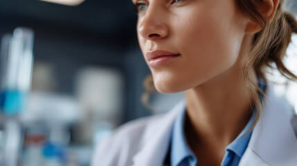 Faceless portrait of young female scientist in lab coat, research professional, scientific worker, medical investigator, defocused face, with copy space