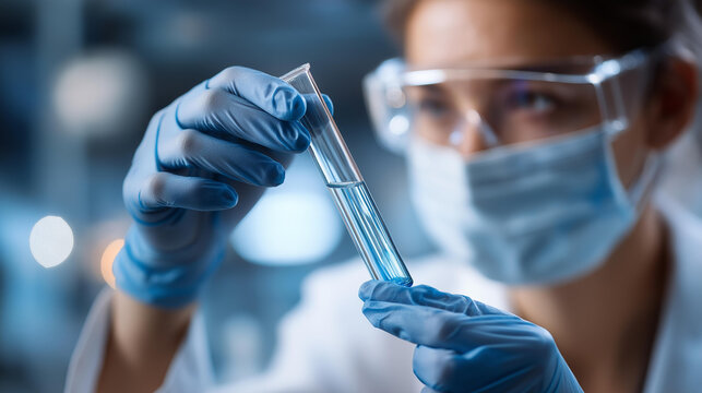 Faceless female scientist research science investigation for future, pharmacy medicine, scientist holding test tube with solution in gloves in research lab, defocused person, with copy space