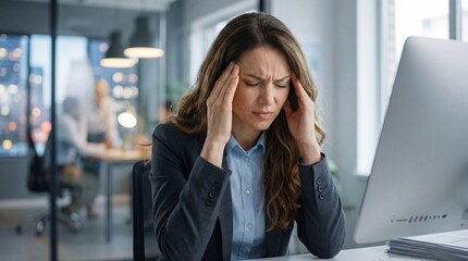 Caucasian Woman experiencing headache at office. Professional feeling stress, burnout. Business executive suffering from migraine, pain, problem.