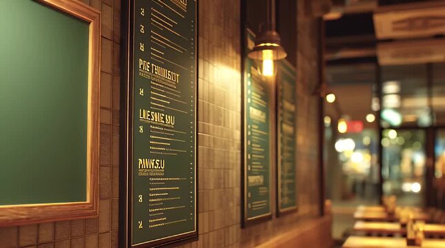 Warm and inviting interior of a modern restaurant or bar featuring illuminated framed menus on a textured wooden wall, creating a cozy dining ambiance and a unique customer experience