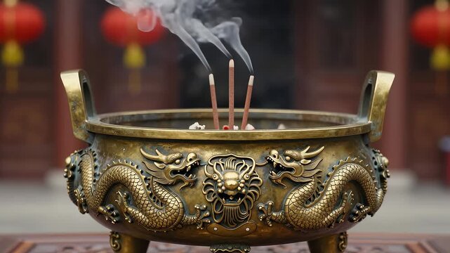 Traditional Chinese bronze censer with dragon patterns and incense smoke