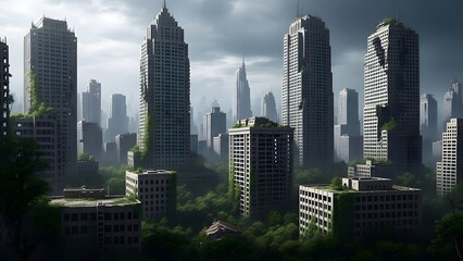 Obraz premium Overgrown abandoned skyscrapers in a futuristic urban jungle with dense greenery and dark clouds abandoned city