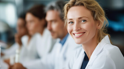 Fototapeta premium Faceless smiling blonde female researcher talking to her colleagues, scientific collaboration, laboratory communication, research team interaction, defocused faces, with copy space