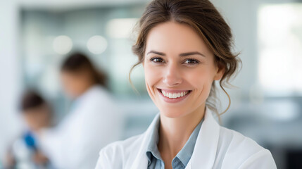 Fototapeta premium Faceless portrait scientist and smile of woman in laboratory ready for medical healthcare, science innovation and face of happy proud confident female doctor researcher or expert, defocused