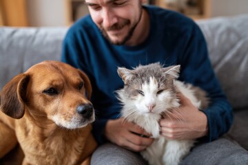 Caucasian male adult with dog and cat sitting on a sofa in cozy home setting