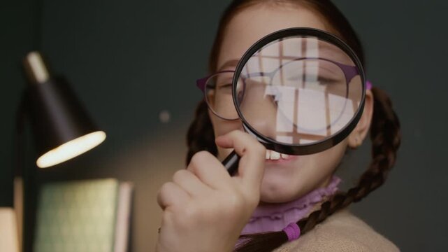 Close up shot of joyful curious Caucasian girl child with two braids and eyeglasses smiling at camera while looking through magnifying glass, having fun while studying science at home