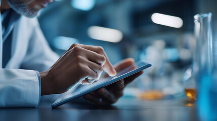 Naklejka premium Faceless lab professional using tablet, research technology integration, digital laboratory work, scientific mobile device usage, defocused person, with copy space
