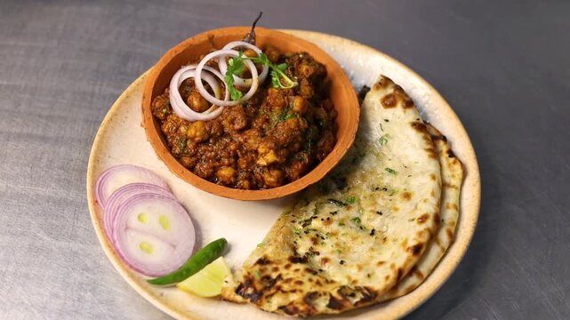 Chola kulcha served with sliced onion on a white plate
