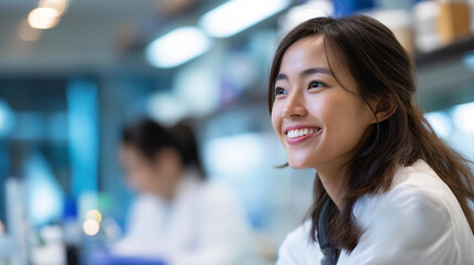 Faceless discover joyful Asian female scientist in lab coat engaged in innovative research within modern laboratory setting, celebrate scientific exploration and diversity, defocused face, with