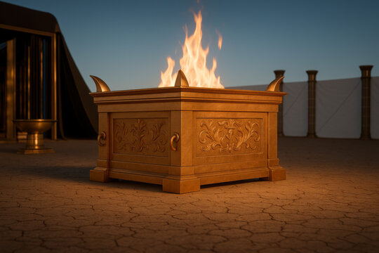 Brazen altar used for burnt offering as described in the Old Testament, associated with Moses and the Tabernacle worship practices.

