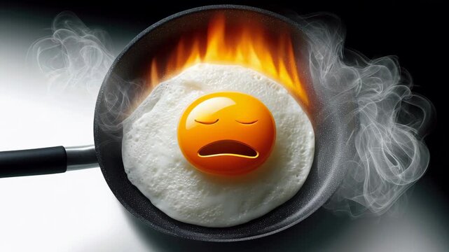 Animated egg in frying pan shows progression of cooking with flames and smoke, depicting a humorous reaction as it becomes overcooked and burnt in a playful kitchen scenario