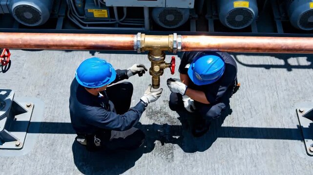 Technicians installing waterbased fire suppression nozzles beneath ship deck ensuring safety in engine room with precise tubing and valves.