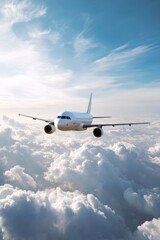 Obraz premium Passenger airplane flying above clouds in clear blue sky