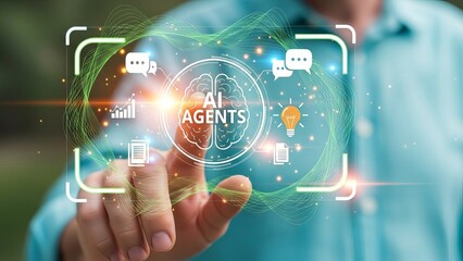 Man interacting with futuristic AI agents interface