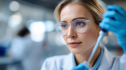 Faceless focused female scientist wearing gloves and lab coat uses pipette in modern laboratory, scientific research and teamwork in professional environment, blurred background for depth,
