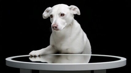Curious white dog observes reflection on circular mirror table