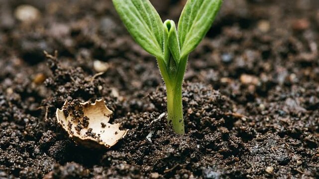 Time lapse of a seedling sprouting from the soil. Germination process where the seed coat falls off and green leaves open up. New life and growth concept