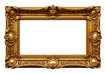Highly detailed antique gold baroque picture frame isolated on a pure black background, featuring ornate scrollwork and gilded acanthus leaves, excellent for premium advertising, historical art