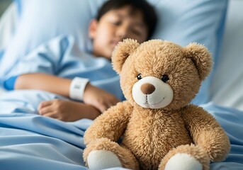 Hyper-detailed plush teddy bear promoting pediatric healthcare services, medical insurance plans, wellness campaigns, and hospital charity support