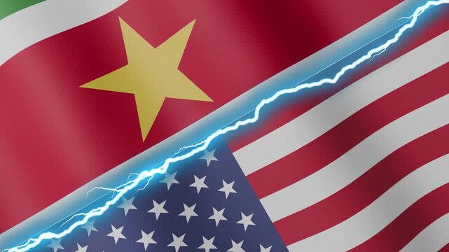 Two waving flags Suriname and United States with diagonal lightning seamless, 4k loop