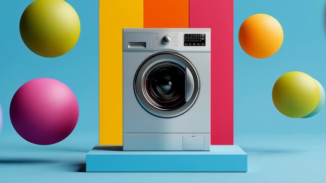 Washing machine displayed on a vibrant backdrop with colorful spheres, showcasing modern design elements and dynamic visual appeal, emphasizing the sleek structure and functional features of the appli