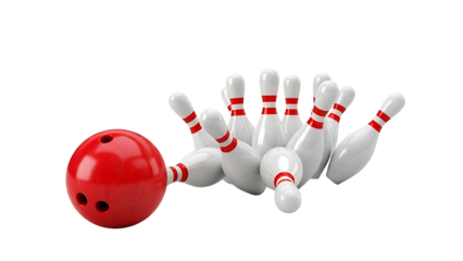 Red Bowling Ball Striking White Bowling Pins Isolated on White Background