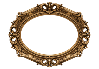 Gilded oval antique picture frame, Baroque Rococo style wood carving border, isolated cutout for high-end graphic design, luxury mockups, and historical advertisements