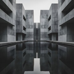 Minimalist Brutalist concrete architecture with a still reflection pool and geometric patterns, featuring a lone person.