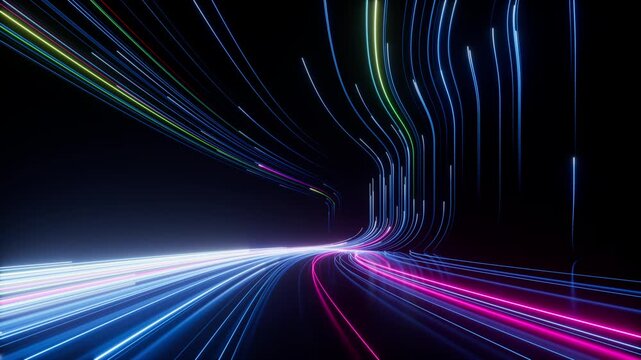 Abstract black background with pink and blue neon glowing lines that move into the distance, curve and fade away. 3d render motion speed of light and hypertunnel. Movement from down to up.