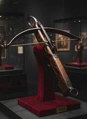 Ornate Historical Crossbow Weapon Displayed in Museum Exhibit