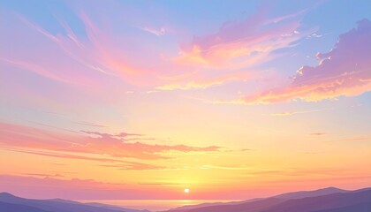 Obraz premium Vibrant Sunrise Over Mountain Horizon with Golden Pink Sky and Clouds