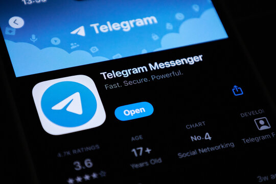 Telegram Messenger mobile app with open button in the App store on iPhone. Bishkek, Kyrgyzstan - 1 OCT 2025