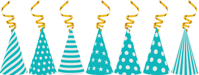 Blue party hats with gold streamers, festive celebration accessories in striped and polka dot patterns