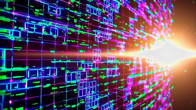 The image shows a dynamic scene with vibrant colors and patterns. The colorful patterns create an impression of depth and movement in a digital space.