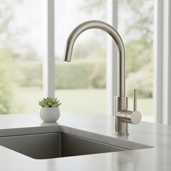 Modern Kitchen Interior with Sleek Brushed Nickel Faucet, Undermount Sink, and Marble Countertop by Bright Window